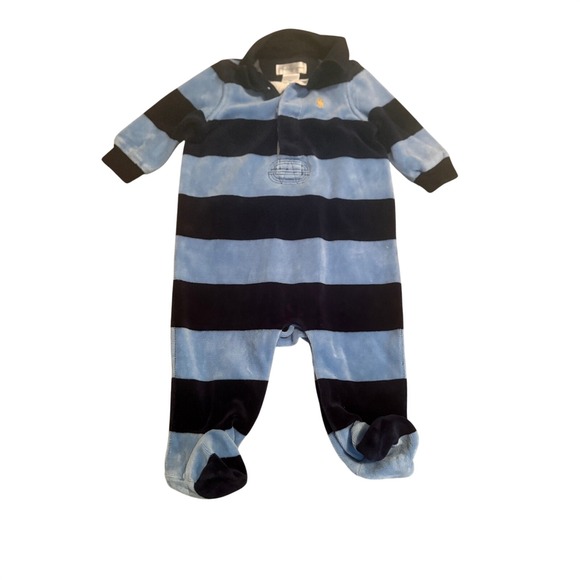 Ralph Lauren Baby Boy Striped Romper Set 3M Velour Footed Navy Blue Rugby 2 Pack - Picture 2 of 6